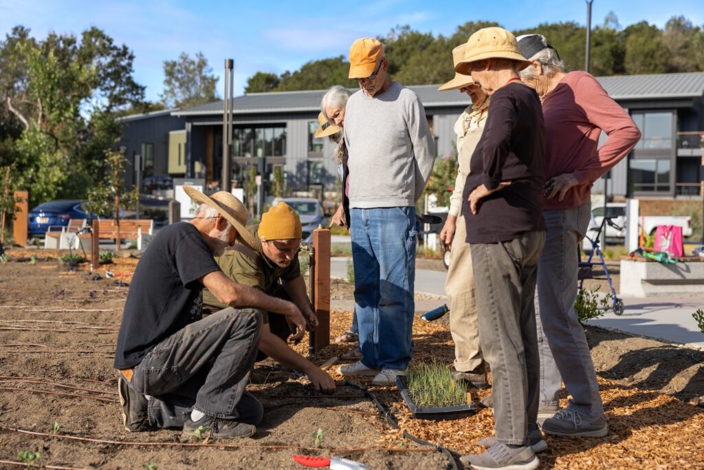 Kitchen Garden Manager, Aris Curtis, shows residents a proper planting technique
